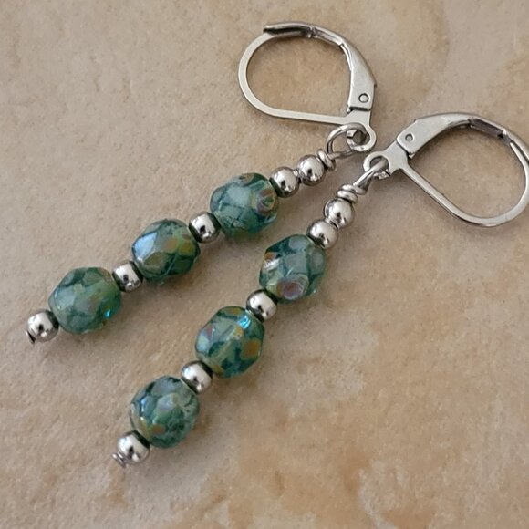 Picasso GREEN 6mm Czech Crystal Earrings Stainless Steel Leverback Artisan - Picture 2 of 5